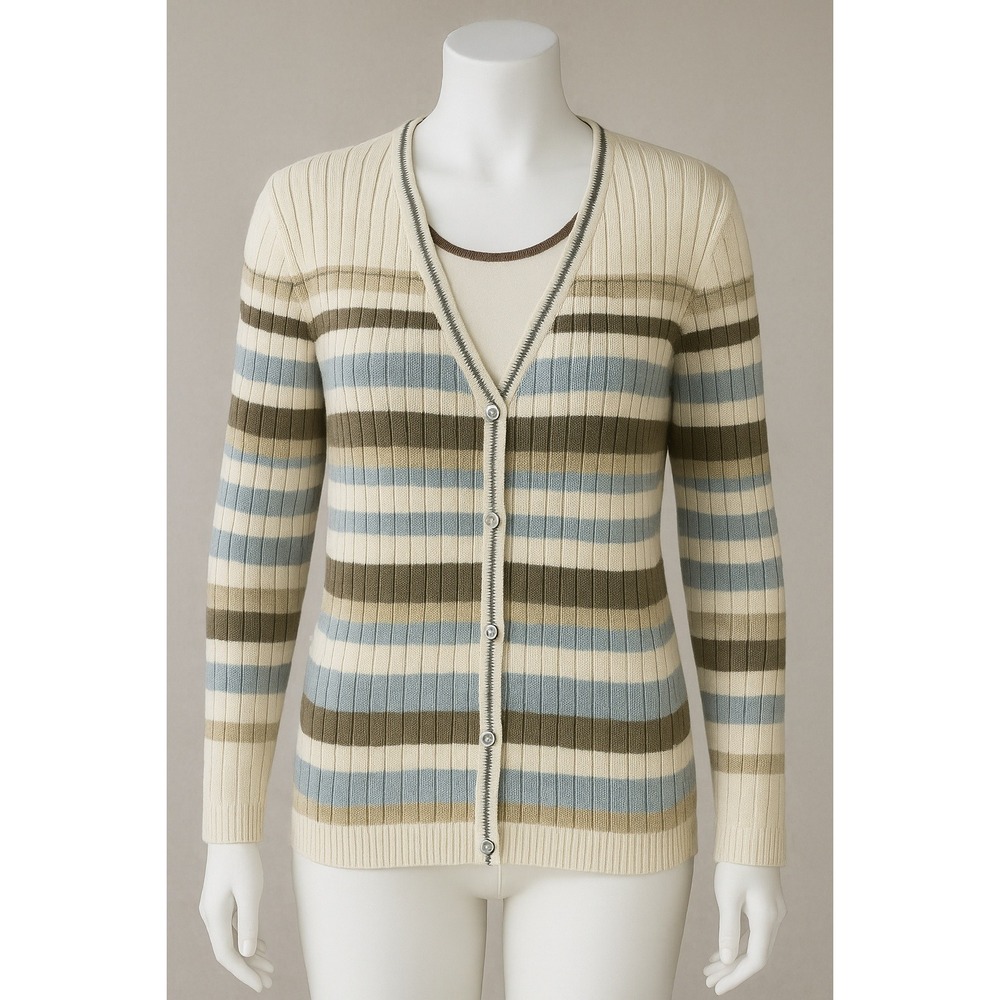 Alfred Dunner Striped Knit Cardigan Sweater Petite‎ Medium Blue Brown Cream